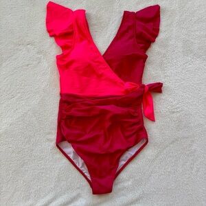 Blooming Jelly V-Neck Tummy Control One Piece Ruffle Color Block Wrap Swimsuit